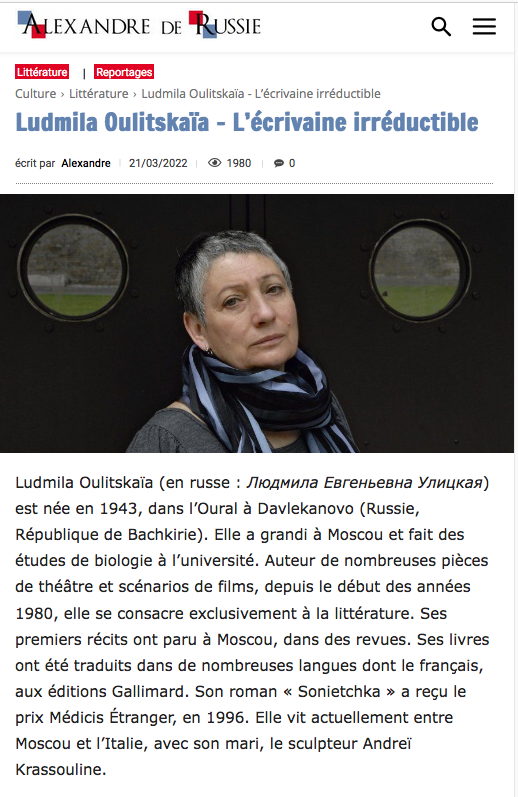 Ludmila Oulitskaïa - L’écrivaine irréductible de la Russie.